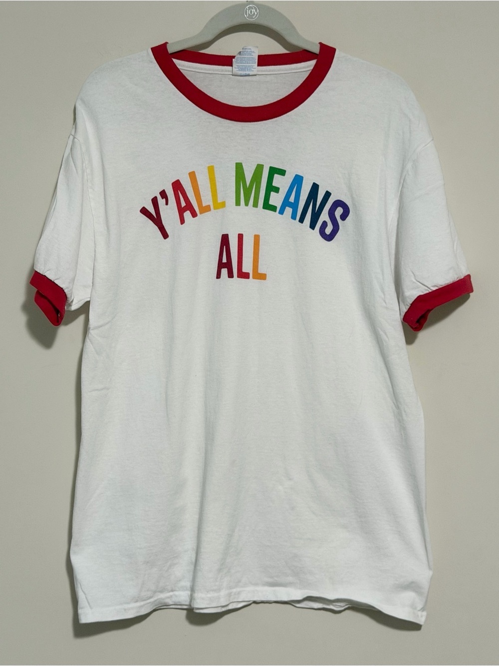 White Ringer Tee with Rainbow 'Y'ALL MEANS ALL' Print - Red Trim